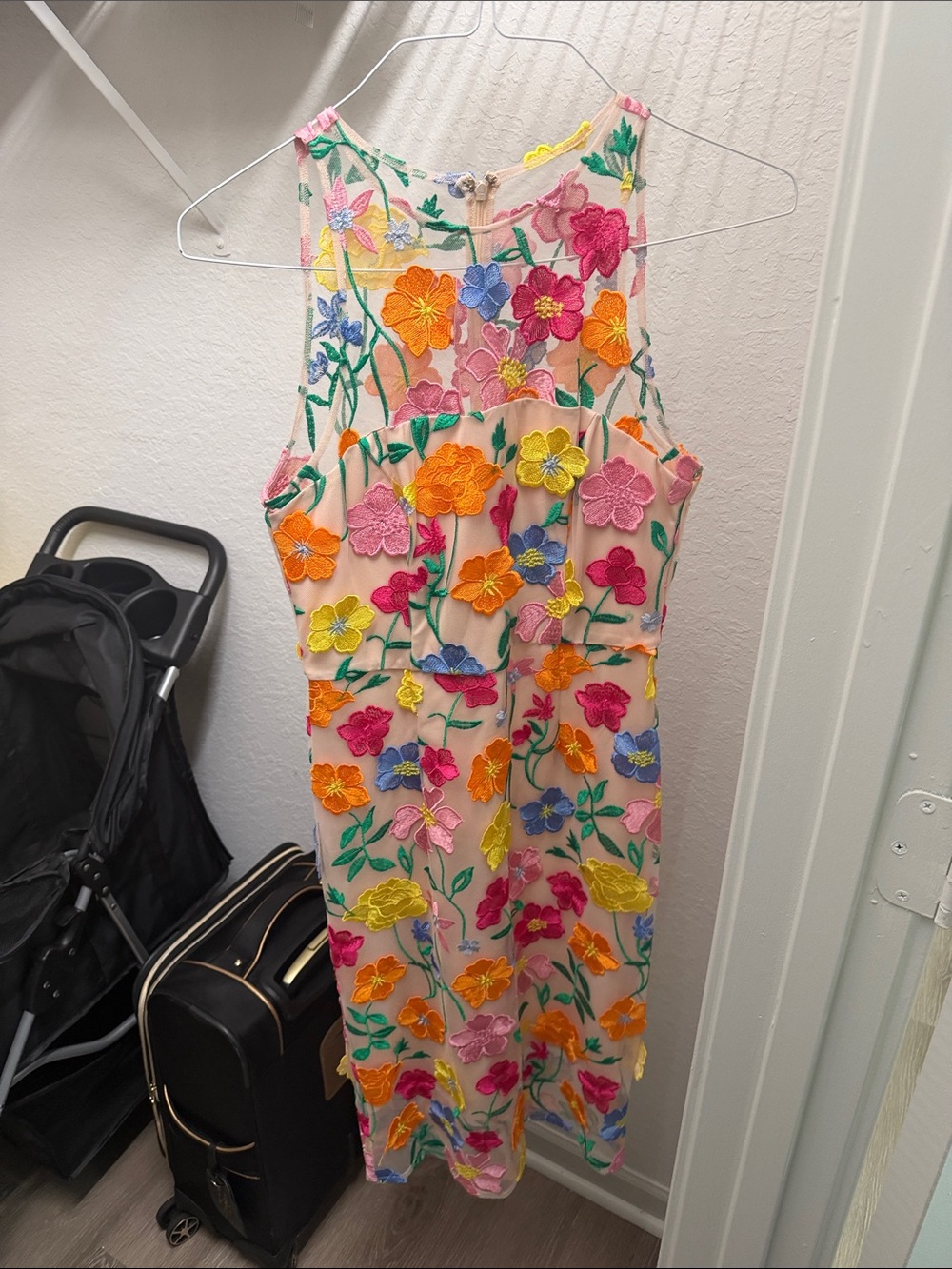 Adrianna Papell Pink Mesh Midi Dress with Multicolor Floral Embroidery